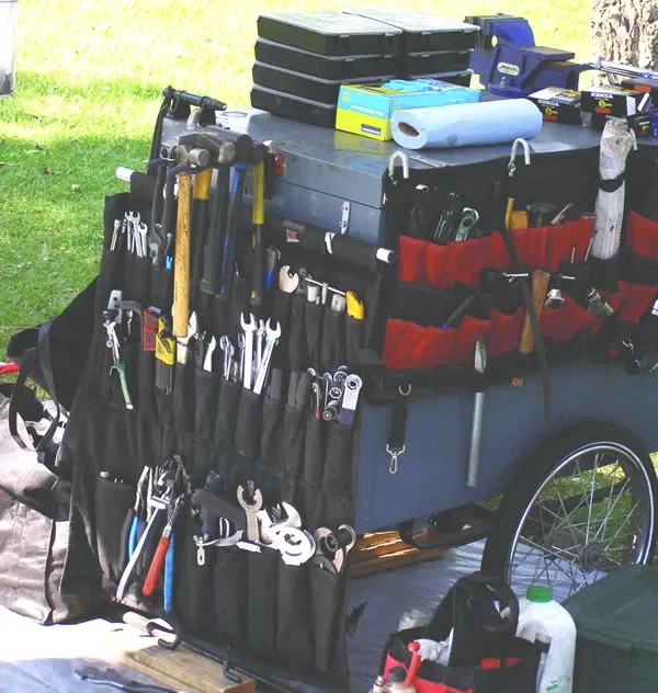 Joe's complete set of bike repair tools in the mobile setup